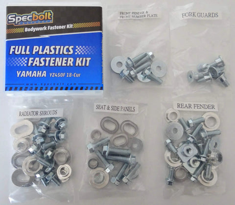All In One Full Plastics Body Fastener Bolt Kit For Yamaha YZ450F 2018 To Current With OEM Style Hardware Includes Fenders Fork Guards Seat Shrouds Bushings Complete, kit parts laid out