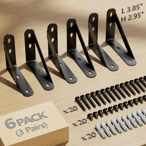 Heavy Duty Steel Wall Mount Shelf Brackets 4x3 Inch Black L Brackets with screw anchor kit in a 6 pack layout.