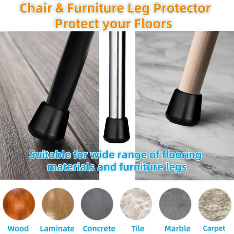 Heavy Duty Rubber Chair Leg Tips With One Inch Interior Non Slip Floor Protectors, black rubber tips for various furniture legs.