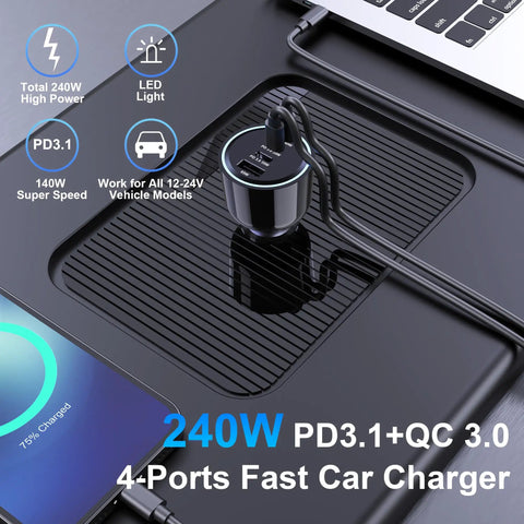 Ride Ready Hella Fast 240W Type C Car Charger Featuring 4 PD 3.1 140W And PD 3.0 100W Ports For Macbook Pro iPhone 16 Samsung Galaxy S24 Chromebook on a desk with a smartphone.