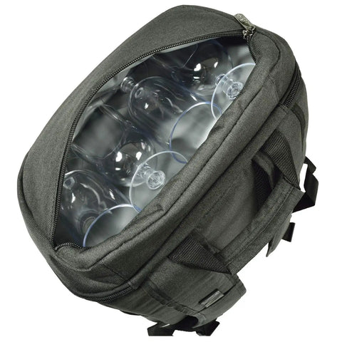 Insulated Cooler Backpack For 4 With Plates And Glasses Lightweight Lunch Pack Featuring Hardwood Serving Board Cheese Knife Corkscrew 30 Can Capacity Leak Proof Picnic Setup showing clear glasses inside the cooler compartment.
