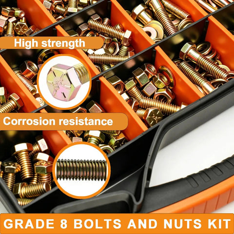 Built Tough Grade 8 SAE Bolt Kit With Storage Box, 859 Piece Hex Bolt Set In Yellow Zinc Plated Alloy Steel, organized compartments