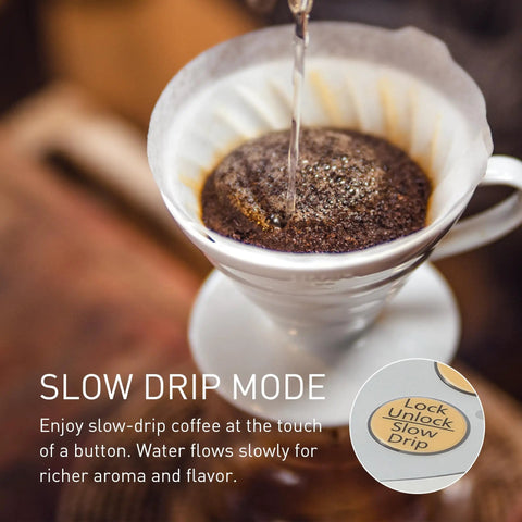 Your Go To 3L Hot Water Dispenser With Slow Drip Mode for Coffee showing slow-drip mode with coffee being brewed in a filter