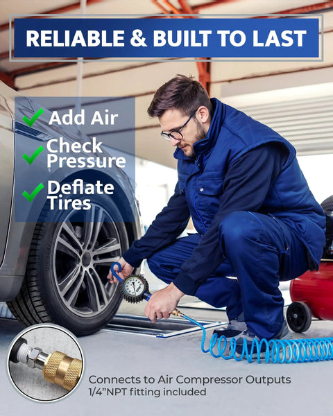 Man using Heavy Duty Tire Inflator With Gauge And Extra Long Hose Pro Grade Air Chuck 100 PSI Range And Accurate To Two Percent Easy Read Dial For Cars Trucks SUVs And Portable Air Compressors on a car tire