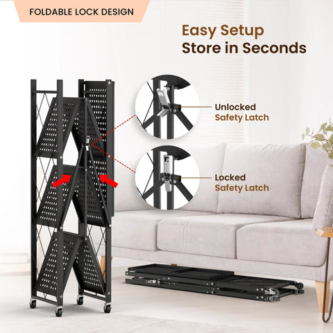 4 Tier Foldable Storage Shelf On Wheels Easy Grab And Go Rolling Cart for Books and Pantry with foldable lock design and latches
