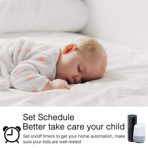 Baby asleep on bed illustrating use of 4 Pack Smart Plugs For Alexa And Google Home Compatibility No Hub Required Remote Control Scheduling Timers ETL Certified Ideal For Smart Home Automation