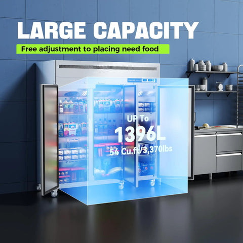 Heavy Duty Commercial Refrigerator And Freezer Combo With Dual Temp Zones For Restaurants And Bars showcasing large capacity 54 Cu Ft three-door design.