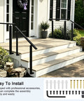 Rock Solid Heavy Duty Black Iron Handrail For Outdoor Steps And Porches Ready To Install on a wooden deck with accessories.