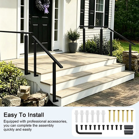 Rock Solid Heavy Duty Black Iron Handrail For Outdoor Steps And Porches Ready To Install on a wooden deck with accessories.