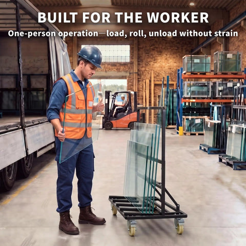 Heavy Duty Folding Drywall Cart Dolly With 1800 Lbs Capacity For Panels Plywood Lumber And Glass, Adjustable Handle Height For Easy Push On The Job, Steel Frame Black, A Real Workhorse For On Site Construction And Warehouse. Worker loading glass panels on black steel cart in warehouse