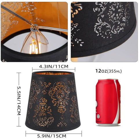 Crystal Chandelier Shade Set Clip On Mini Lamp Shade Black Textured Cloth With Flame Retardant PVC Lining Modern Laser Engraved Design Fits Droplight Wall Lamps And Candle Chandeliers 6 Pack, showing size comparison with a soda can.