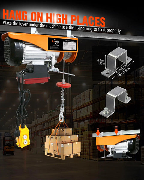 Heavy Duty Electric Hoist With Remote Control 1760 Lb Winch connected to ceiling, lifting boxes in warehouse.