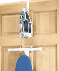 Wire Over The Door Ironing Caddy For Iron And Ironing Board Storage Organizer White on wooden door with iron and board