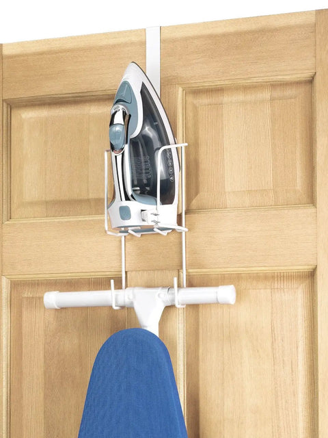 Wire Over The Door Ironing Caddy For Iron And Ironing Board Storage Organizer White on wooden door with iron and board