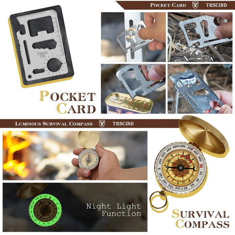 14 In 1 Survival Kit For Men Gift For Him Dad Husband Emergency Gear And Equipment For Hunting Fishing Camping And Outdoor Adventure showing pocket card and luminous compass