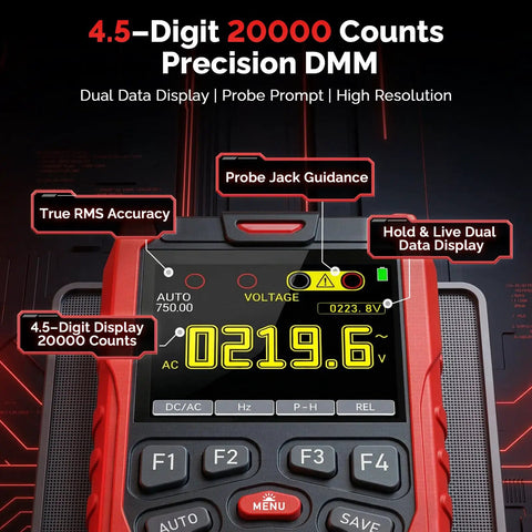 70MHz Dual Channel Handheld Oscilloscope And 3 In 1 Digital Multimeter With Signal Generator Pro Grade Performance 200 MSPS Sampling Rate 20000 Counts True RMS Type C Fast Charge Portable Black And Red displaying 4.5-digit screen