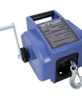 Must-Have Reversible 12V Electric Winch With Wireless Remote For Heavy Duty Trailer And Offroad Recovery Pulling Up To 2000lbs Towing Power That Totally Gets It Done, portable winch with blue casing and steel hook.
