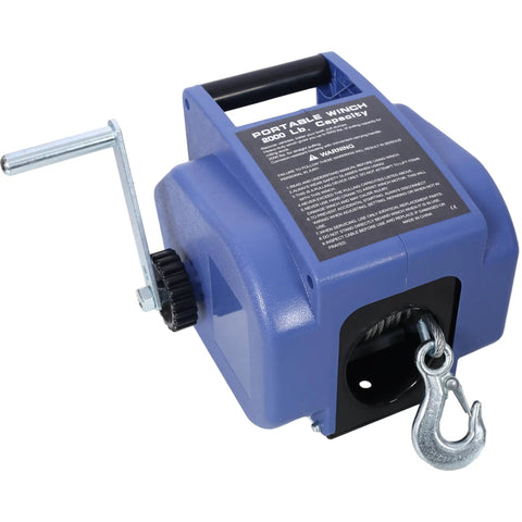 Must-Have Reversible 12V Electric Winch With Wireless Remote For Heavy Duty Trailer And Offroad Recovery Pulling Up To 2000lbs Towing Power That Totally Gets It Done, portable winch with blue casing and steel hook.