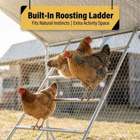 Built-in roosting ladder in Large Metal Chicken Run Walk-In Coop 9.8 Ft Long By 6.5 Ft Wide By 6.5 Ft High For 15-20 Hens