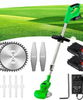 Cordless 24V Grass Trimmer And Lawn Mower For Weeds Edging And Flower Beds Lightweight with battery, blades, and charger.