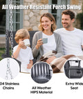 All Weather Outdoor Hanging Porch Swing For Two Seats With Cup Holders Durable Plastic Patio Swing Bench With Chains For Courtyard And Garden Weatherproof And Low Maintenance For Backyards shown with family enjoying coffee