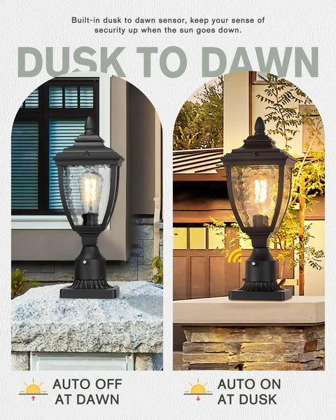 Outdoor Post Lights Dusk To Dawn Exterior Lamp Post Light Fixture with Pier Mount Base Black Cast Aluminum Water Glass Lantern