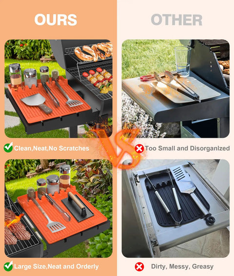 Silicone Grill Mat For Blackstone Griddles With Drip Pad Large Sixteen By Eleven And A Half Inch Tool Organizer Mat Featuring Eight Slots Spatula Holder And Outdoor Kitchen Counter Accessory Dope Gift For Men Bright Orange on grill, contrasting neat setup with disorganized one