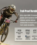 Mountain biker using Assioma Pro MX1 Upgraded Single Sided Power Meter Pedals Bundle With Extra SPD Cleats on rugged trail