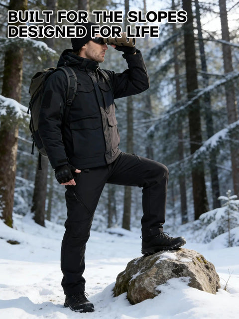 Man in forest wearing Warm Mens Waterproof Ski Jacket With Plush Insulation And Cozy Lining, Windproof Teflon Outer Shell