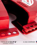 Close-up of red Gate Valve Lockout Device for Five to Six and a Half Inch Handles, OSHA Compliant Gas Lock for industrial safety.