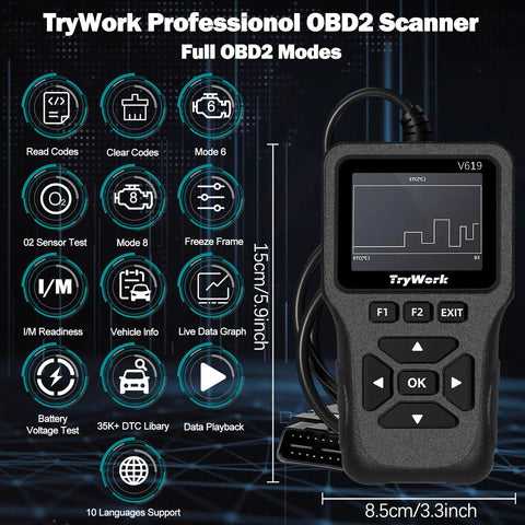 OBD2 Scanner Diagnostic Tool With 35901 DTC Lookup, handheld device displaying diagnostic features on screen