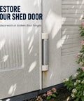 Heavy Duty Vertical Shed Door Hinges 2 Pack Replacement For Resin Storage Sheds shown on a shed door, gray metal hinge close-up.