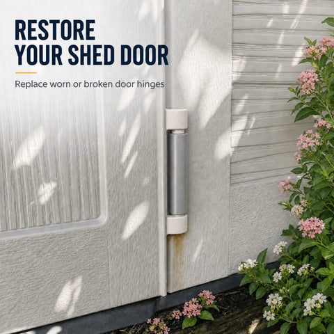 Heavy Duty Vertical Shed Door Hinges 2 Pack Replacement For Resin Storage Sheds shown on a shed door, gray metal hinge close-up.