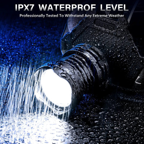 Rechargeable LED Headlamp With Zoomable Beam, 99000 Lumens, 12 Modes; waterproof in heavy rain showing IPX7 protection