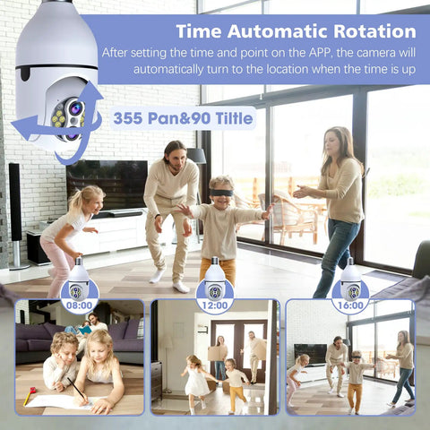 Family playing indoors shown under Outdoor 2MP Light Bulb Security Camera Wireless 2 4G WiFi 360 Degree Light Bulb Camera features.