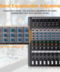 Close-up of 12-Channel Bluetooth Mixer With 99 DSP Effects, MP3 Playback, 7 Band EQ, USB Recording, features 3 band equalization.