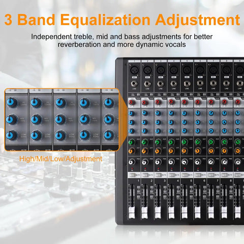 Close-up of 12-Channel Bluetooth Mixer With 99 DSP Effects, MP3 Playback, 7 Band EQ, USB Recording, features 3 band equalization.