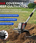 Cordless Electric Tiller For Gardening With Dual 4.0Ah Batteries, Total 8.0Ah Power, 9 Inch Width, 6.6 Inch Depth, tilling soil