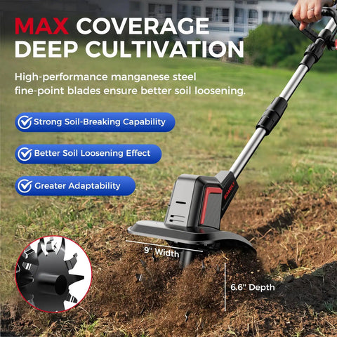 Cordless Electric Tiller For Gardening With Dual 4.0Ah Batteries, Total 8.0Ah Power, 9 Inch Width, 6.6 Inch Depth, tilling soil