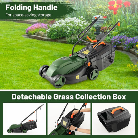 Electric Walk Behind Lawn Mower With 10 Amp Motor And 13 Inch Cutting Deck Grass Collection Bag 3 Adjustable Cutting Heights Corded Mower For Small To Medium Lawns Easy Start Go To Tool For Fast Garden Care, folding handle