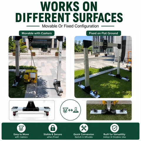 Straight Up Adjustable Aluminum Gantry Crane Kit With Manual Chain Hoist for Heavy Lifting moves on casters and fixed ground.