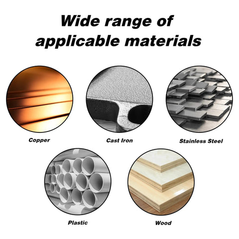 Image showing five materials for High-Performance Tungsten Carbide Ball Shaped Double Cut Rotary Burr Files: copper, cast iron, stainless steel, plastic, wood.