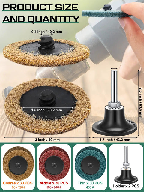 92-Piece 2-Inch Sanding Discs Set With One Quarter Inch Shank Holder for Die Grinder showing disc sizes and holder