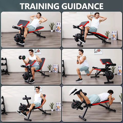 Man performing exercises on 800 Lb Adjustable Weight Bench For Home Gym With Leg Extension And Leg Curl Preacher Curl Bench