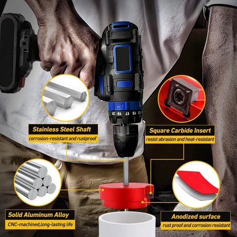 PVC Fitting Saver With 3 Inch Aluminum Head, Pro Grade Pipe Reamer And Socket Saver reaming PVC pipe, drill attached.