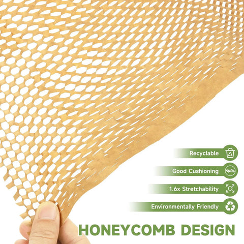 Close-up of eco-friendly honeycomb packing paper wrap 15x328 inches for moving and shipping, showing recyclable design and stretchability.