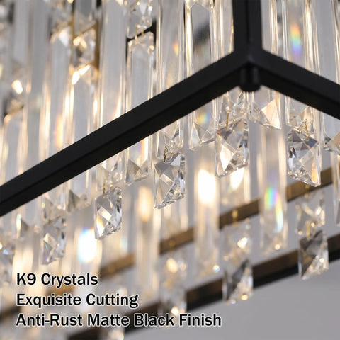 Close-up of Dope Modern Black Crystal Chandelier With Adjustable Height, highlighting K9 crystals and anti-rust matte black finish.