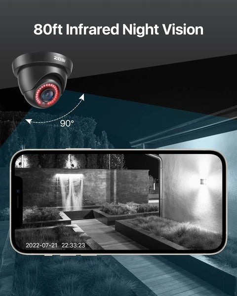 1080p FHD Dome Security Camera For Indoor Outdoor Use, Hybrid 4 In 1 CVI TVI AHD Analog CVBS, 24 LEDs, 80ft IR Night Vision shown monitoring night scene