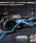 All Terrain RC Monster Truck With 4WD Power speeding at night with 1500mAh battery graphic highlighting 40-minute runtime.