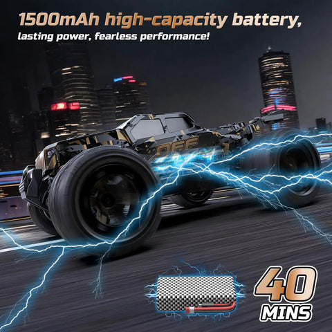 All Terrain RC Monster Truck With 4WD Power speeding at night with 1500mAh battery graphic highlighting 40-minute runtime.